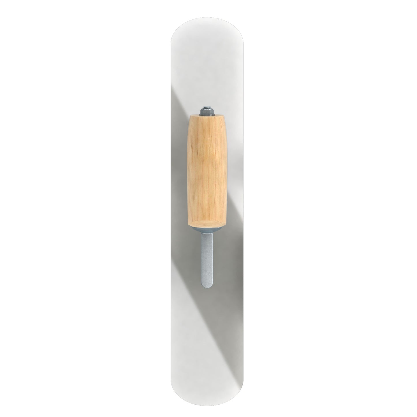 Plexiglass pool trowel with camel-back wooden handle and short shank, rounded blade