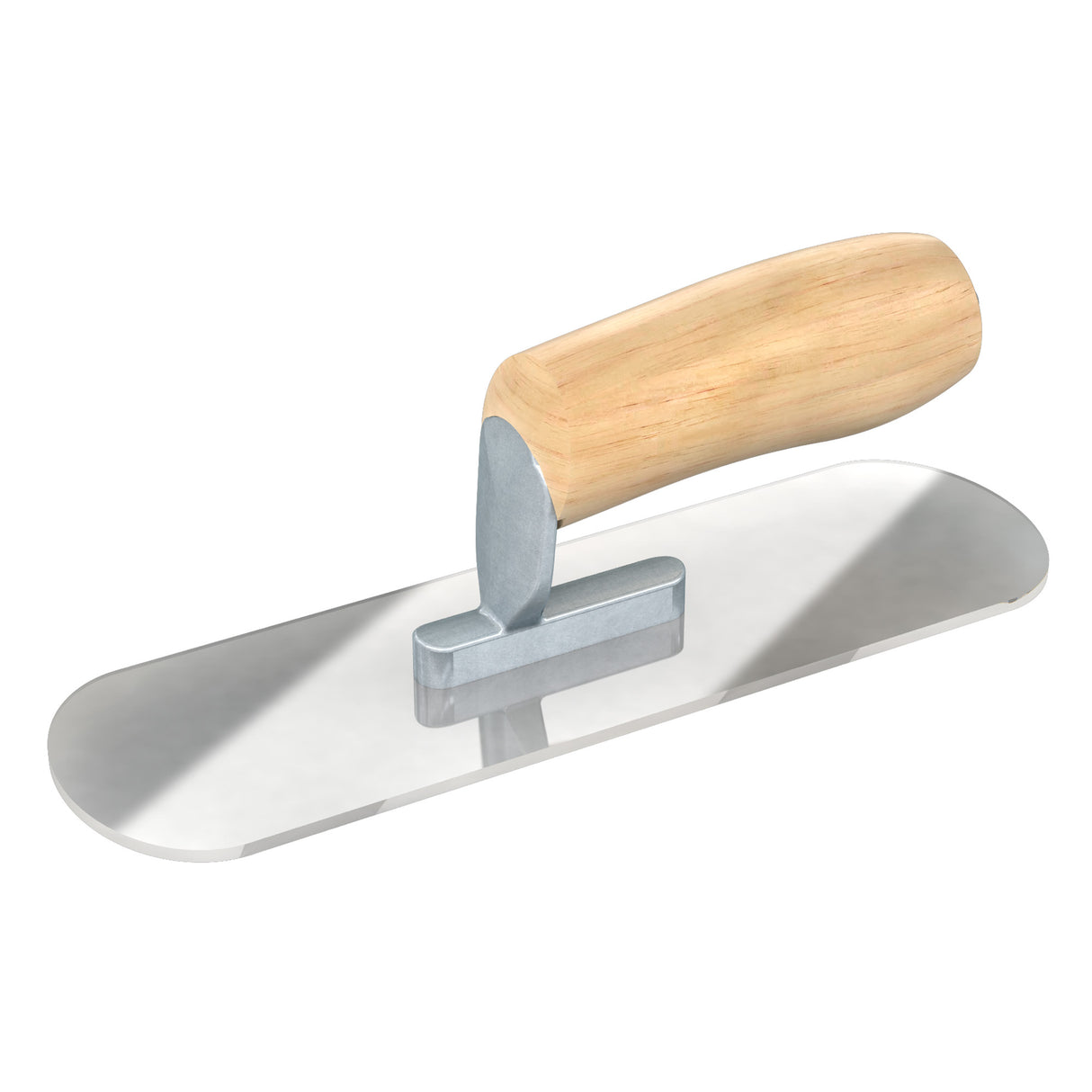 Bon Tool Plexiglass pool trowel with camel-back wood handle, short shank and flexible rounded blade.