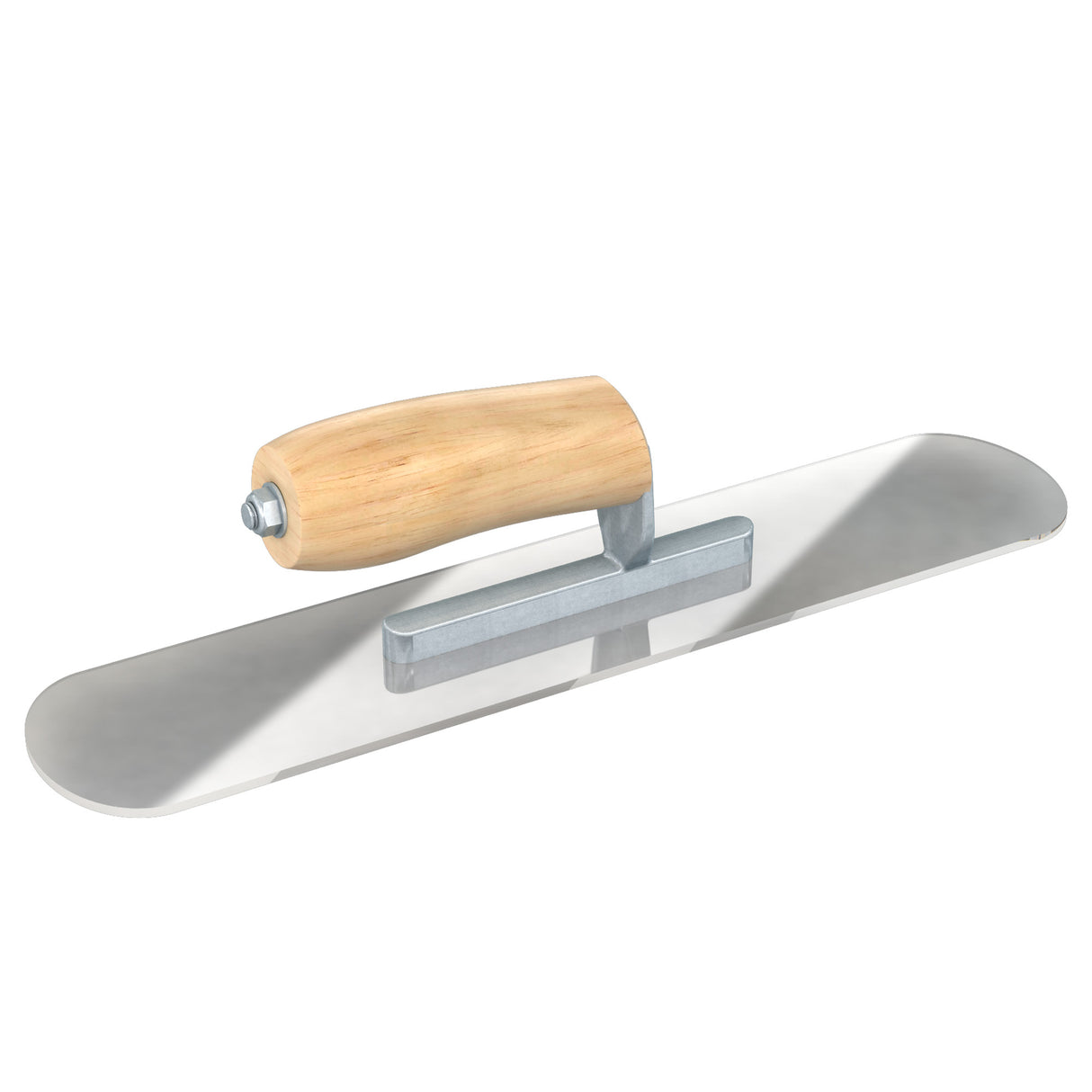 Bon Tool plexiglass pool trowel with camel back wood handle, short shank and flexible rounded blade
