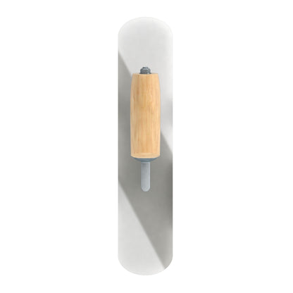 Plexiglass pool trowel with Camel Back wood handle, short shank and flexible rounded blade