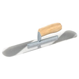Bon Tool Plexiglass pool trowel with camel-back wood handle, short shank and flexible rounded blade.