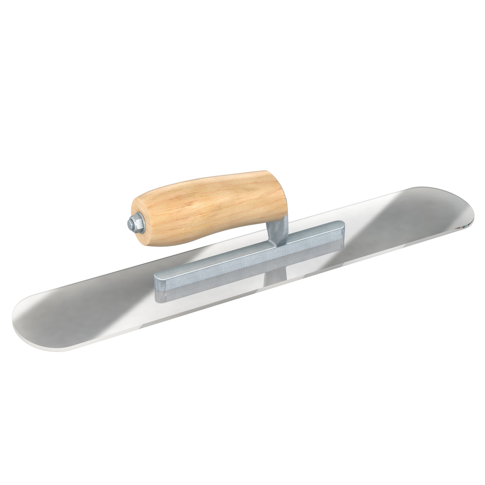 Bon Tool Plexiglass pool trowel with Camel Back wood handle short shank and flexible rounded blade